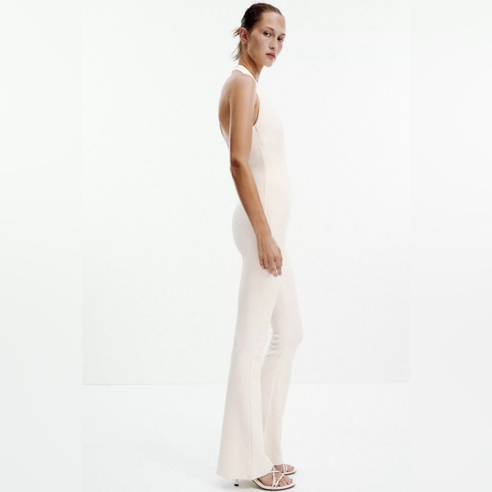 Zara NWT Interlock Flare Cotton Blend Sweetheart Neckline Halter Jumpsuit- Small - Picture 11 of 16
